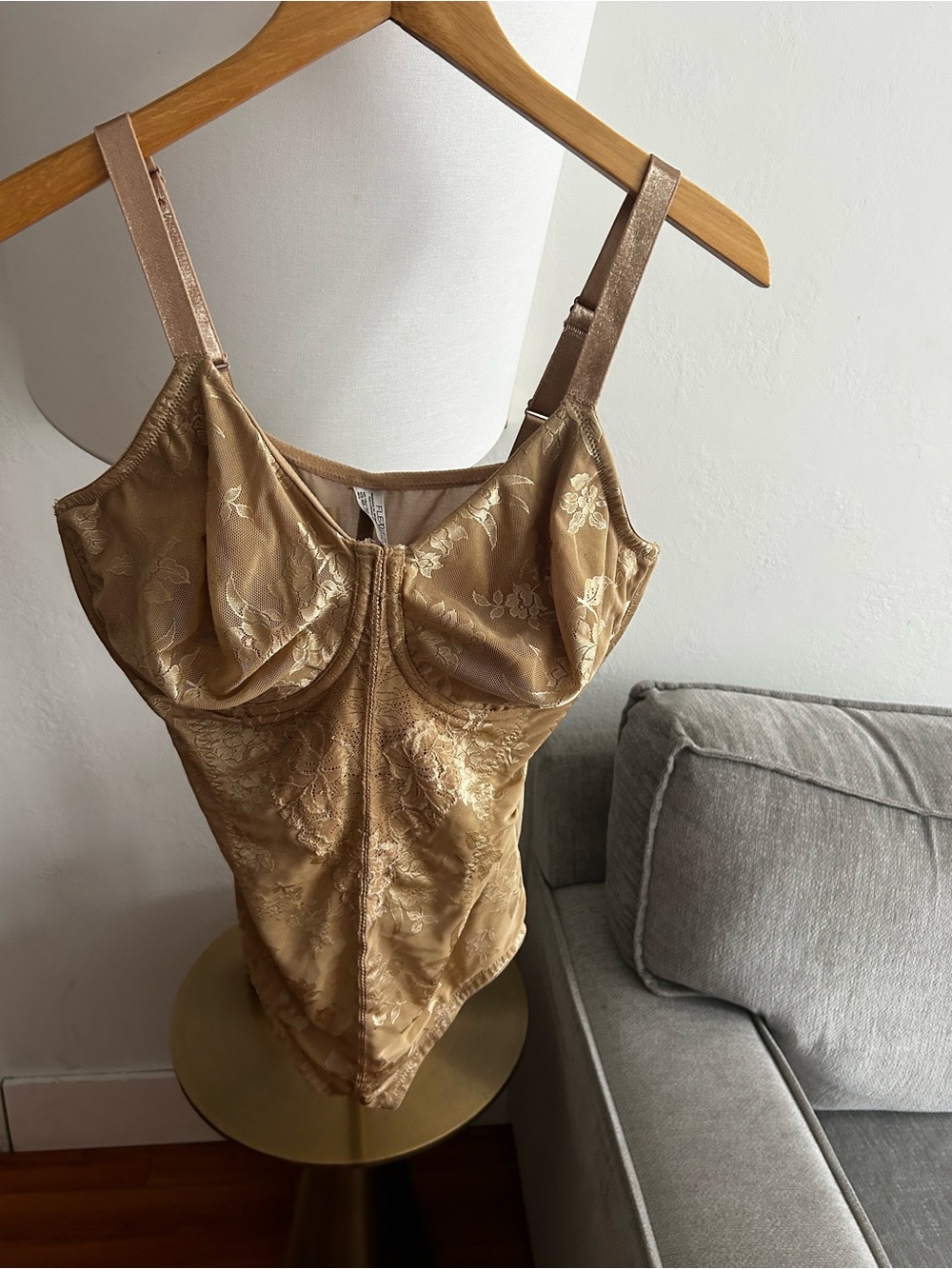 Vtg Flexees Lace Trim Full Body Shaper Bra Sz 42 D Beige Bodysuit Y2K 90’s